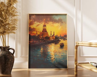Bangkok Wall Art Wat Arun Temple Print Thailand River Sunset Landscape Digital Download