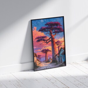 Puede incluir: Impresi&oacute;n art&iacute;stica enmarcada que representa una puesta de sol con &aacute;rboles baobab y edificios. El cielo es una mezcla de azul, naranja y rosa. La obra est&aacute; en un marco negro.
