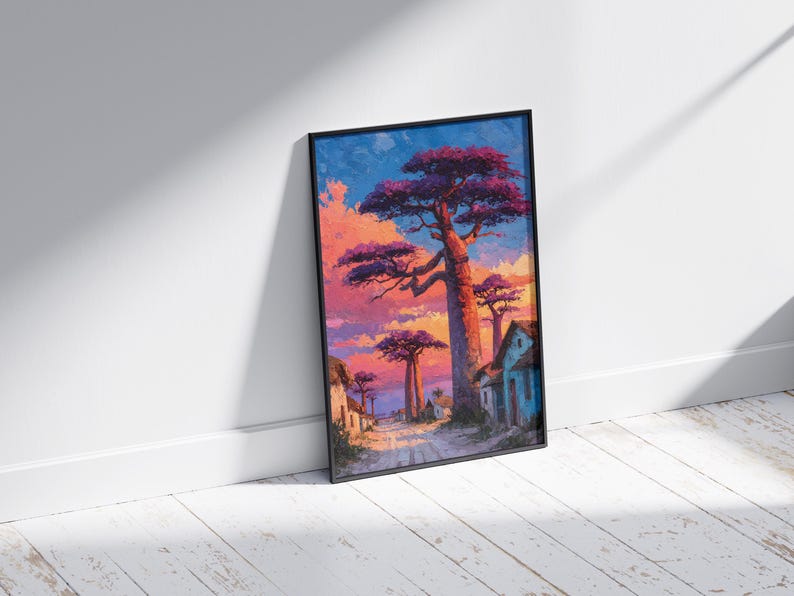 Puede incluir: Impresi&oacute;n art&iacute;stica enmarcada que representa una puesta de sol con &aacute;rboles baobab y edificios. El cielo es una mezcla de azul, naranja y rosa. La obra est&aacute; en un marco negro.