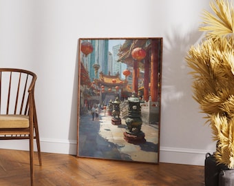 Templo Man Mo de Hong Kong: Arte de parede impressionista com paisagem urbana asiática (Download digital)