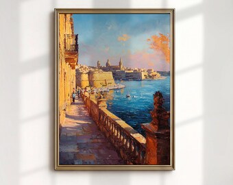 Malta Valletta Wall Art Print Grand Harbour Landscape Oil Painting Digital Download