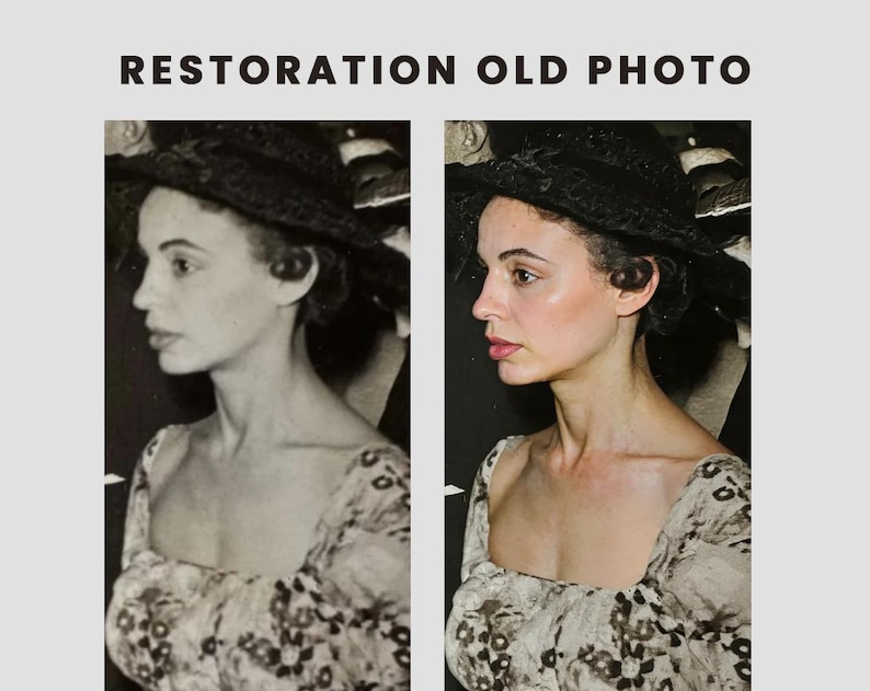 May include: Side-by-side comparison of a restored old photo. The left image is a black and white photo of a woman in a hat and floral dress. The right image is the restored color version of the same photo.