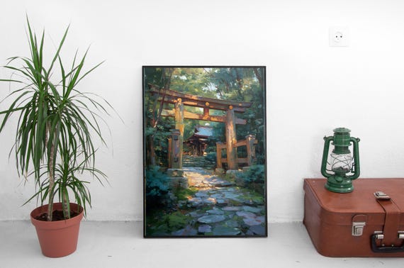 Japanese Torii Gate Art Print, Shinto Shrine Pathway Digital Download, Zen Forest Wall Art, Oriental Landscape Decor, Printable art