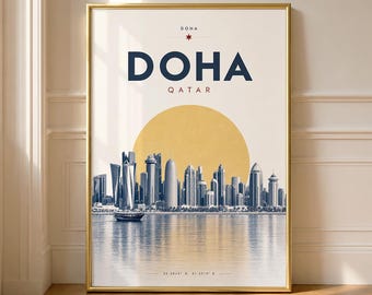 Doha Travel Poster, Doha Qatar Print, Qatar Wall Art, West Bay Skyline Poster, Retro Qatar Decor, Burj Doha Art (Digital Download)