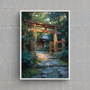 Pu&ograve; includere: Una stampa incorniciata di un cancello torii giapponese e di un tempio. L'opera raffigura un sentiero di pietra illuminato dal sole che conduce a un tradizionale cancello di legno e a un tempio tra lussureggianti alberi verdi. Il dipinto ha uno stile morbido e impressionistico.