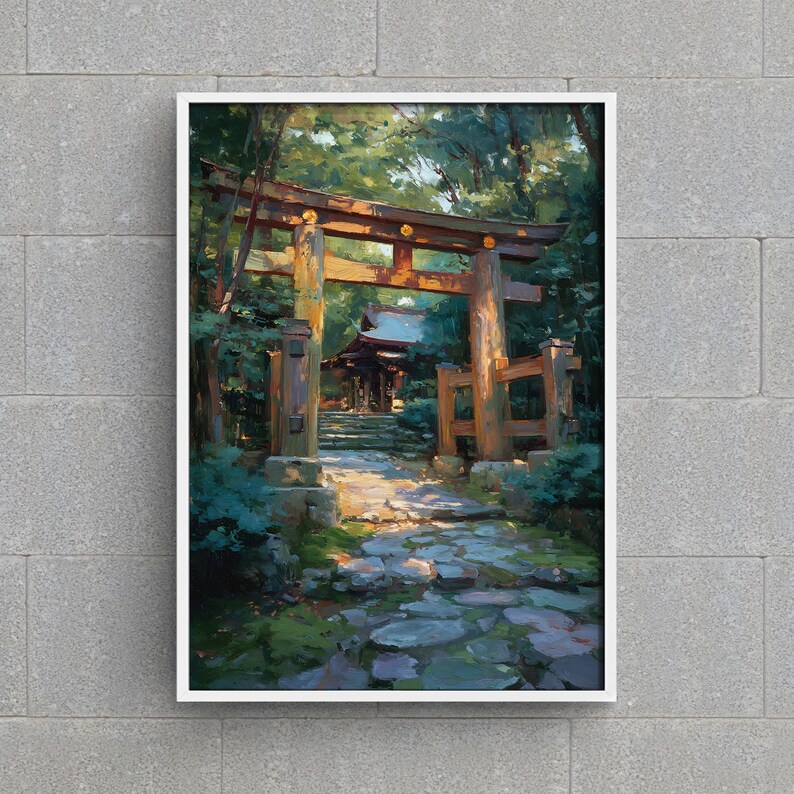 Pu&ograve; includere: Una stampa incorniciata di un cancello torii giapponese e di un tempio. L'opera raffigura un sentiero di pietra illuminato dal sole che conduce a un tradizionale cancello di legno e a un tempio tra lussureggianti alberi verdi. Il dipinto ha uno stile morbido e impressionistico.
