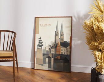 Bremen Travel Poster, Bremen Germany Print, Town Musicians of Bremen, Germany Wall Art, Bremer Dom Art, Retro Germany Poster