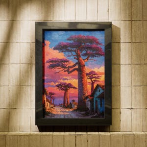 Puede incluir: Pintura de paisaje enmarcada que representa una puesta de sol con &aacute;rboles de baobab. La obra presenta un camino que conduce a peque&ntilde;os edificios, con un cielo en tonos rosas, morados y azules. El marco es negro.