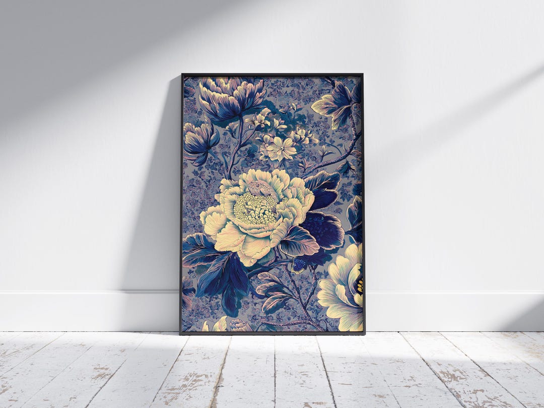 Vintage Floral Wall Art Print | Blue Gold Peony Botanical | Digital ...