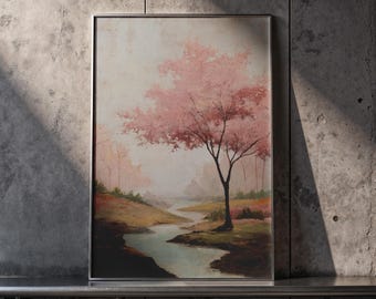 Pintura de árvore em flor rosa, arte de parede com flores de cerejeira, impressão de paisagem vintage, arte romântica com cena de rio, download digital da natureza da primavera