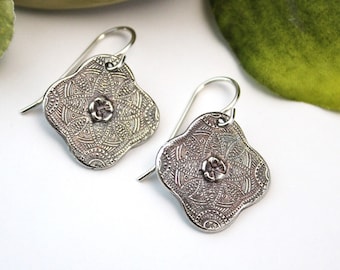 Silver Quatrefoil Flower Earrings