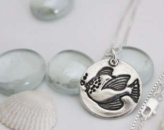 Round Silver Fish Necklace, Aquatic Charm Necklace, Artistic Jewelry