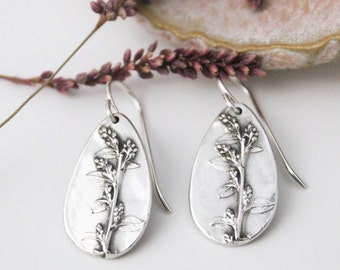 Silver Teardrop Wildflower Earrings, Silver Wildflower Botanical Earrings