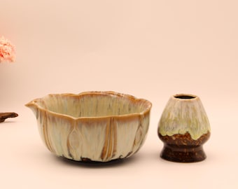 Personalisierte Artisan Handgefertigte Matcha Schüssel Set 8 Stück- Gebürstet Ofen-Wechsel Gelb - Geschenkideen - Mizube Geo