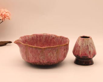 Personalized Artisan Handcrafted Matcha Bowl Set 8pcs- Brushed Kiln-Change Red - Gift Ideas - Mizube Echo