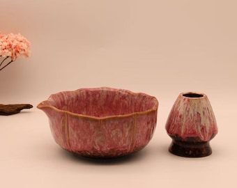 Personalisierte Artisan Handgefertigte Matcha Schüssel Set 8 Stück- Gebürstet Ofen-Wechsel Rot - Geschenkideen - Mizube Geo