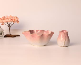 Handmade Matcha Bowl Set – Petal-Rim Design with Sakura Pink/Blue/Green Gradient Glaze, 8Pcs or 2Pcs Options - Mizube Echo