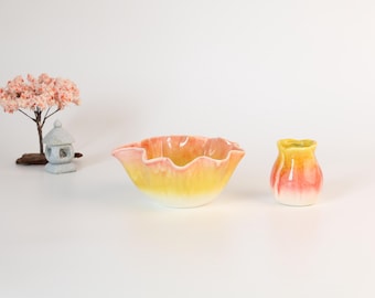 Ensemble de bols à matcha faits main - Bordure pétale avec glaçage dégradé rose sakura/bleu/vert/coucher de soleil/lavande, 8 ou 2 pièces au choix - Mizube Echo
