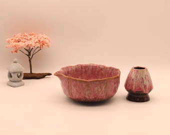 Personalized Artisan Handcrafted Matcha Bowl Set 8pcs- Brushed Kiln-Change Red - Gift Ideas - Mizube Echo