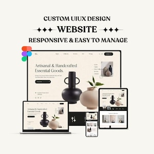 Puede incluir: Un diseño de sitio web que muestra una interfaz receptiva y fácil de administrar. El diseño incluye el texto "CUSTOM UIUX DESIGN WEBSITE RESPONSIVE & EASY TO MANAGE". El sitio web muestra productos artesanales y esenciales en una computadora portátil, tableta y teléfono.