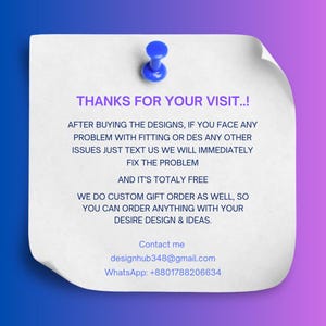 Pode incluir: Uma nota de papel branca, ligeiramente curvada, &eacute; fixada com um alfinete azul num fundo gradiente azul e roxo. O texto diz "THANKS FOR YOUR VISIT..!" e oferece encomendas de design personalizadas.