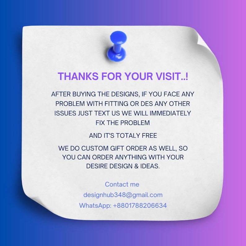 Pode incluir: Uma nota de papel branca, ligeiramente curvada, &eacute; fixada com um alfinete azul num fundo gradiente azul e roxo. O texto diz "THANKS FOR YOUR VISIT..!" e oferece encomendas de design personalizadas.