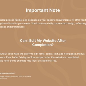 Pode incluir: Gr&aacute;fico bege com texto branco. O texto inclui "Important Note" e "Can I Edit My Website After Completion?". Texto adicional detalha a flexibilidade do design do site e op&ccedil;&otilde;es de edi&ccedil;&atilde;o.