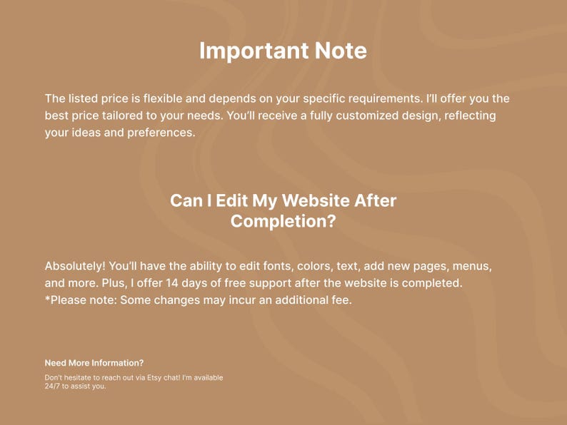 Pode incluir: Gr&aacute;fico bege com texto branco. O texto inclui "Important Note" e "Can I Edit My Website After Completion?". Texto adicional detalha a flexibilidade do design do site e op&ccedil;&otilde;es de edi&ccedil;&atilde;o.