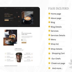 Pode incluir: Um layout de design de site com um tema escuro, apresentando imagens e texto relacionados ao caf&eacute;. O design inclui uma p&aacute;gina inicial, p&aacute;gina sobre, blog, servi&ccedil;os, lista de lojas e muito mais. O texto diz "Heal the world with coffee."