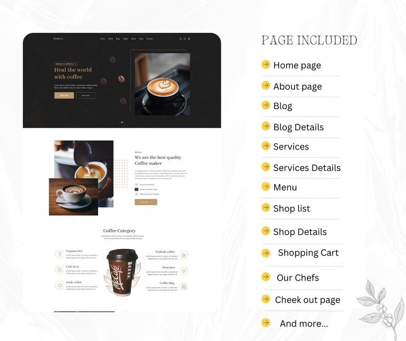 Pode incluir: Um layout de design de site com um tema escuro, apresentando imagens e texto relacionados ao caf&eacute;. O design inclui uma p&aacute;gina inicial, p&aacute;gina sobre, blog, servi&ccedil;os, lista de lojas e muito mais. O texto diz "Heal the world with coffee."