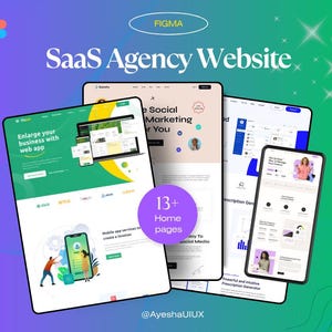Puede incluir: Un diseño digital que muestra un sitio web de una agencia SaaS. La imagen muestra varias maquetas de sitios web en tabletas y teléfonos inteligentes, con el texto "SaaS Agency Website" y "13+ Home pages". El diseño incluye el logotipo de Figma y el handle @AyeshaUIUX.