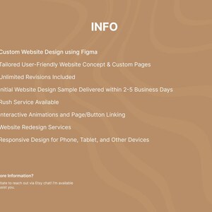 Pode incluir: Um gr&aacute;fico bege com a palavra "INFO" no topo. O texto lista os servi&ccedil;os de design de sites, incluindo design personalizado, conceitos f&aacute;ceis de usar, revis&otilde;es ilimitadas e design responsivo. Uma amostra &eacute; entregue em 2-5 dias &uacute;teis.