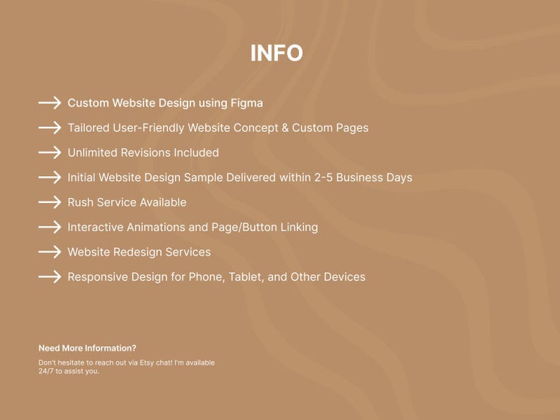 Pode incluir: Um gr&aacute;fico bege com a palavra "INFO" no topo. O texto lista os servi&ccedil;os de design de sites, incluindo design personalizado, conceitos f&aacute;ceis de usar, revis&otilde;es ilimitadas e design responsivo. Uma amostra &eacute; entregue em 2-5 dias &uacute;teis.
