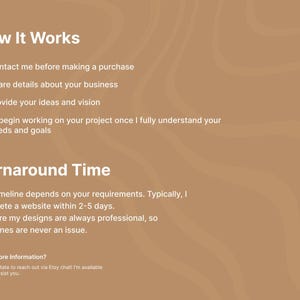 Pode incluir: Gr&aacute;fico bege com texto branco detalhando o processo de design de sites. Inclui etapas como entrar em contato com o designer, compartilhar detalhes do neg&oacute;cio e fornecer ideias. &Eacute; mencionado um prazo de entrega de 2 a 5 dias.