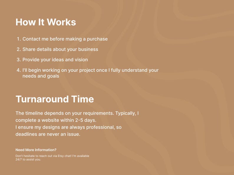 Pode incluir: Gr&aacute;fico bege com texto branco detalhando o processo de design de sites. Inclui etapas como entrar em contato com o designer, compartilhar detalhes do neg&oacute;cio e fornecer ideias. &Eacute; mencionado um prazo de entrega de 2 a 5 dias.
