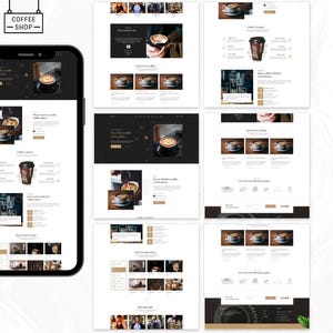 Pode incluir: Maquete de design de site de cafeteria exibida em um smartphone e v&aacute;rias telas de desktop. O site apresenta imagens de bebidas de caf&eacute;, gr&atilde;os de caf&eacute; e interiores de cafeterias. O esquema de cores &eacute; preto, branco e marrom.
