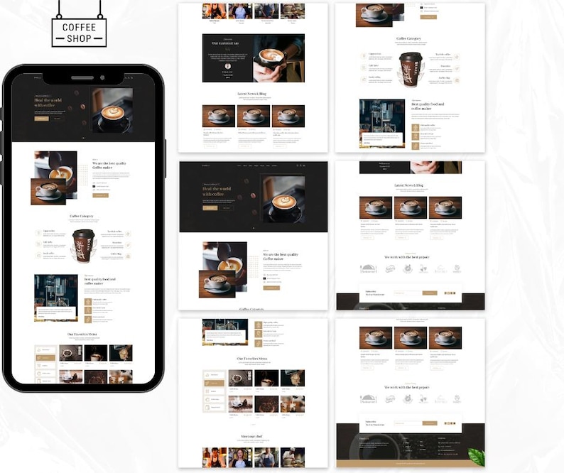 Pode incluir: Maquete de design de site de cafeteria exibida em um smartphone e v&aacute;rias telas de desktop. O site apresenta imagens de bebidas de caf&eacute;, gr&atilde;os de caf&eacute; e interiores de cafeterias. O esquema de cores &eacute; preto, branco e marrom.