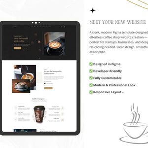 Pode incluir: Um tablet digital exibe um modelo de site de cafeteria. O site apresenta imagens de bebidas de caf&eacute; e o texto "Heal the world with coffee". O texto "MEET YOUR NEW WEBSITE" tamb&eacute;m &eacute; vis&iacute;vel.
