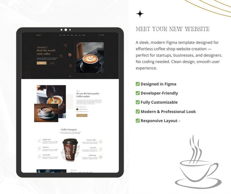 Pode incluir: Um tablet digital exibe um modelo de site de cafeteria. O site apresenta imagens de bebidas de caf&eacute; e o texto "Heal the world with coffee". O texto "MEET YOUR NEW WEBSITE" tamb&eacute;m &eacute; vis&iacute;vel.