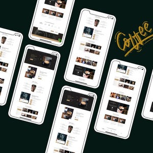 Pode incluir: V&aacute;rios smartphones exibindo um design de site com tema de caf&eacute;. As telas mostram bebidas de caf&eacute;, layouts de sites e a palavra "Coffee" em escrita dourada em um fundo verde escuro. Os telefones est&atilde;o dispostos em v&aacute;rios &acirc;ngulos.