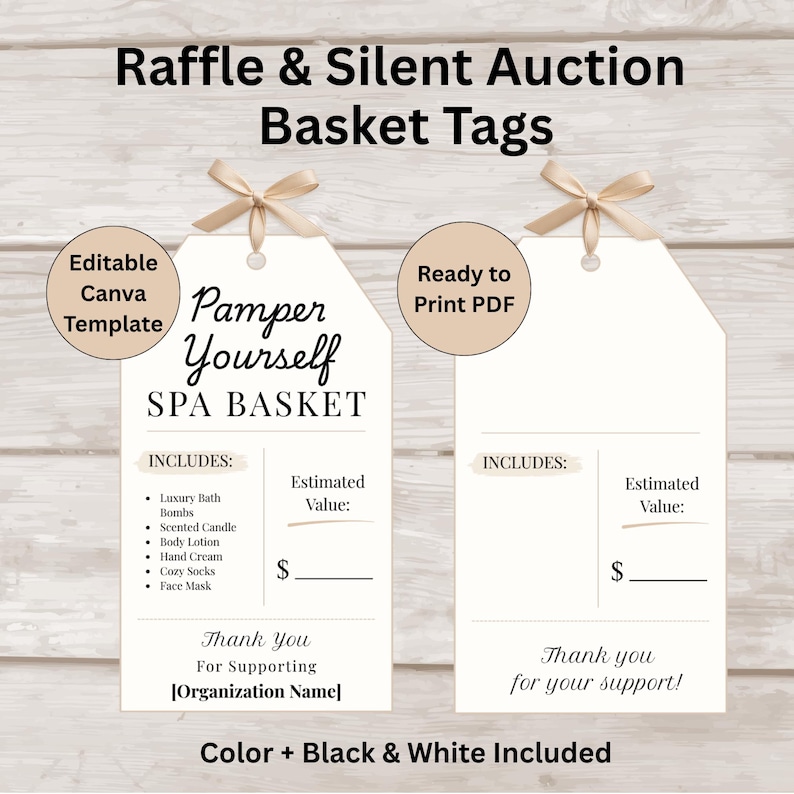 Spa Raffle Template Raffle Basket Tags, Silent Auction Tags Template (editable Canva ...