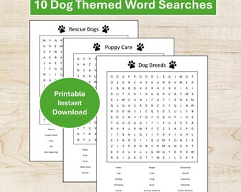 Paquete de sopas de letras sobre perros: 10 juegos imprimibles / Razas de perros, cuidado de cachorros, adiestramiento, juguetes, perros de trabajo y más / Paquete de actividades para niños