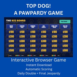 May include: A blue graphic for an interactive browser game called "Top Dog! A Pawpardy Game." The game board features categories like "Movie Dogs" and "Dog Sports" with dollar values. Additional text includes "Instant Download" and "Automatic Scoring."