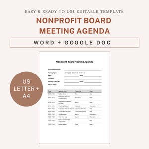 Nonprofit Board Meeting Agenda Template | Charity/501c3 Board of Directors Agenda | Editable Word and Google Doc | US Letter + A4 Printable