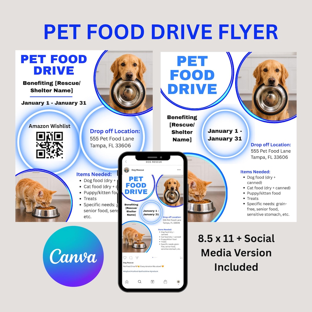 Pet Food Drive Flyer Template | Rescue & Shelter, Editable Canva ...