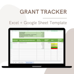 May include: A laptop screen shows a grant tracker template. The text "GRANT TRACKER" and "Excel + Google Sheet Template" are at the top. The spreadsheet displays columns for funder name, grant program, amount requested, deadline, status, and submitted date.