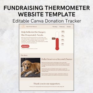 Könnte beinhalten: Eine Fundraising-Thermometer-Website-Vorlage mit dem Text "FUNDRAISING THERMOMETER WEBSITE TEMPLATE" und "Editable Canva Donation Tracker". Die Vorlage enthält einen Spenden-Tracker, ein Foto eines Hundes und Text über den Bedarf des Hundes an einer Operation.