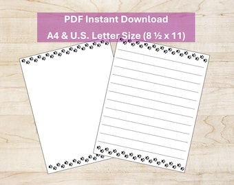 Dog Paw Print Stationery, Lined & Blank Paper, A4 and US Letter Size (PDF Instant Download)
