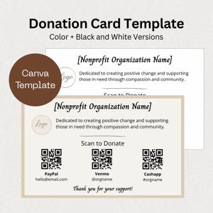 May include: A donation card template with color and black and white versions. The card features a logo, the text "Nonprofit Organization Name", and a QR code for scanning to donate via PayPal, Venmo, and Cashapp. The text "Thank you for your support!" is also included.