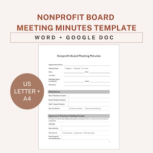 Może przedstawiać: Biały szablon protokołu z posiedzenia zarządu organizacji non-profit, z tekstem "NONPROFIT BOARD MEETING MINUTES TEMPLATE" na górze. Szablon zawiera sekcje na nazwę organizacji, datę, godzinę i obecność. Brązowe koło z napisem "US LETTER + A4".